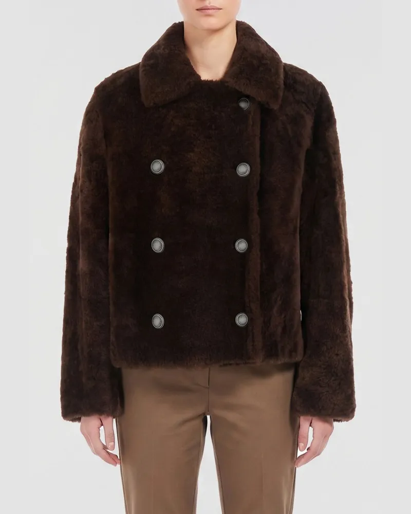 Brunello Cucinelli Kurzer zweireihiger Shearling-Mantel von mit klassischem Kragen Braun