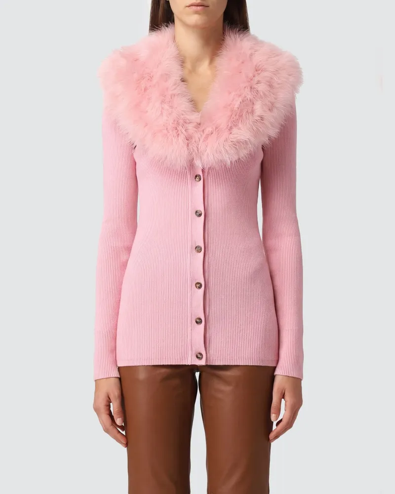 Blumarine Slim-Fit Cardigan aus Schurwolle mit kontrastierendem Pelzkragen Pink