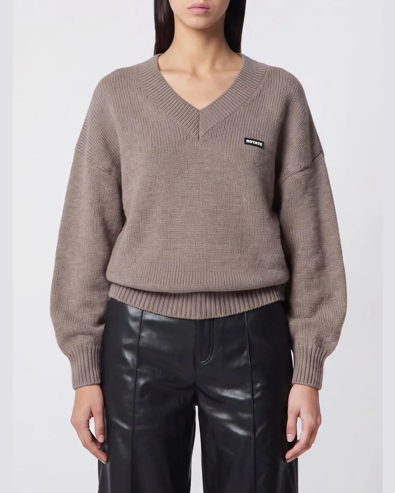 ROTATE Birger Christensen Locker geschnittener Pullover aus Wolle und Kaschmir mit V-Ausschnitt und Logo Taubengrau