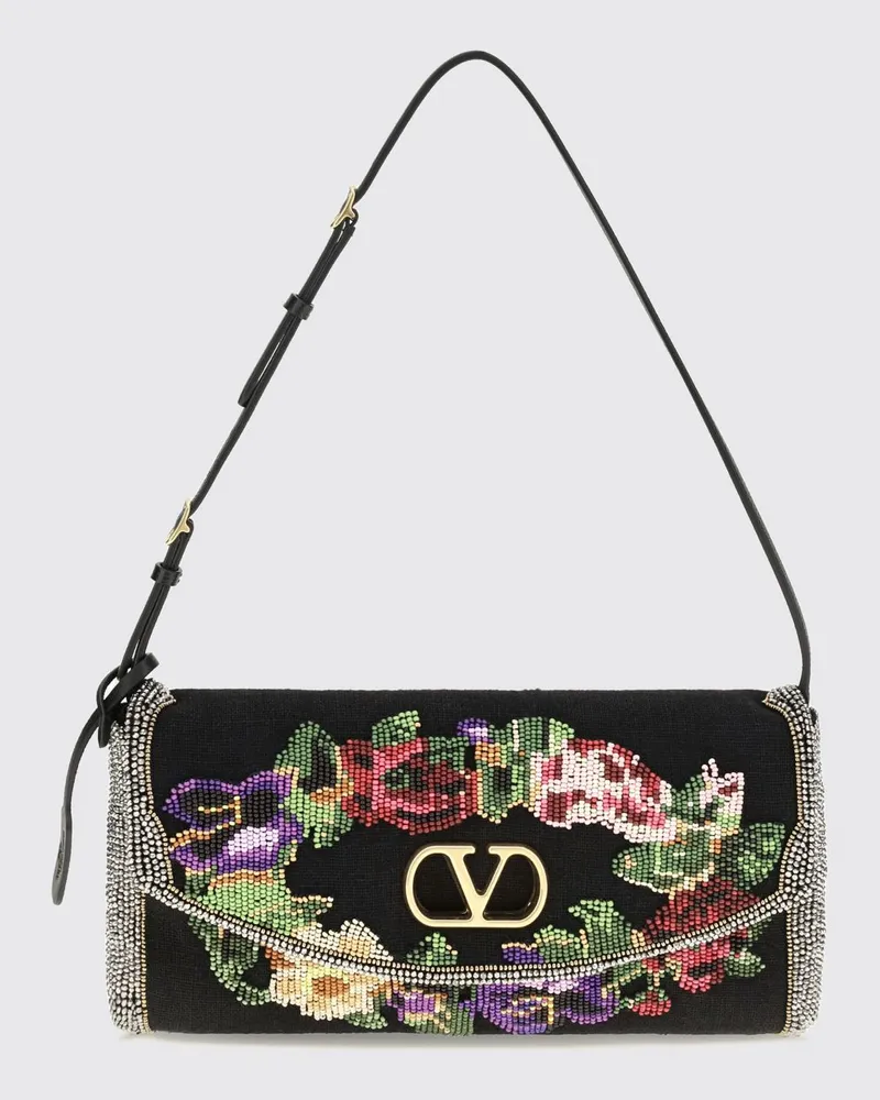 Valentino Garavani DeVain Schultertasche aus Leinen mit Kristallstickerei Schwarz