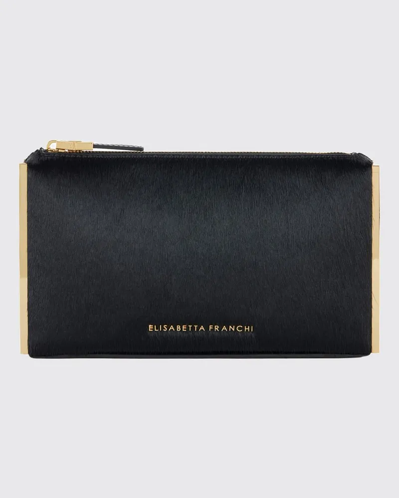 Elisabetta Franchi Starre Clutch aus Ponyfell-Leder mit Metallprofilen und Reißverschluss Schwarz
