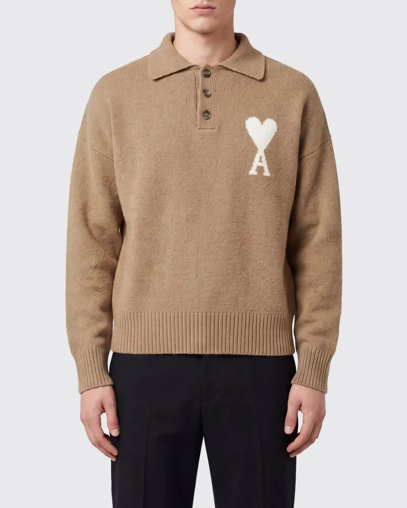 AMI Paris Langarm-Strickpolo mit Ami de Cœur-Jacquard-Logo Beige