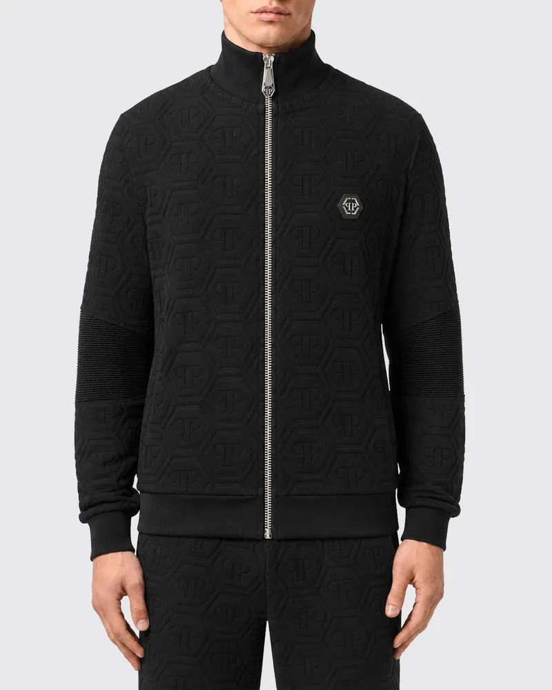 Philipp Plein Jersey-Sweatjacke mit Stehkragen und Jacquard-Hexagon-Logo Schwarz