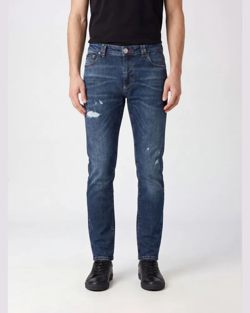 Philipp Plein Slim-Fit-Jeans aus Distressed-Baumwolldenim mit mittlerer Leibhöhe Blau
