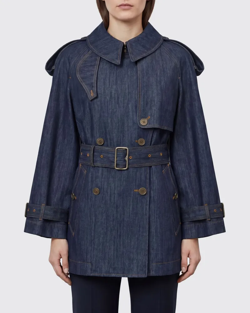 Burberry Kurzer zweireihiger Denim-Trenchcoat von mit Schulterklappen Indigo