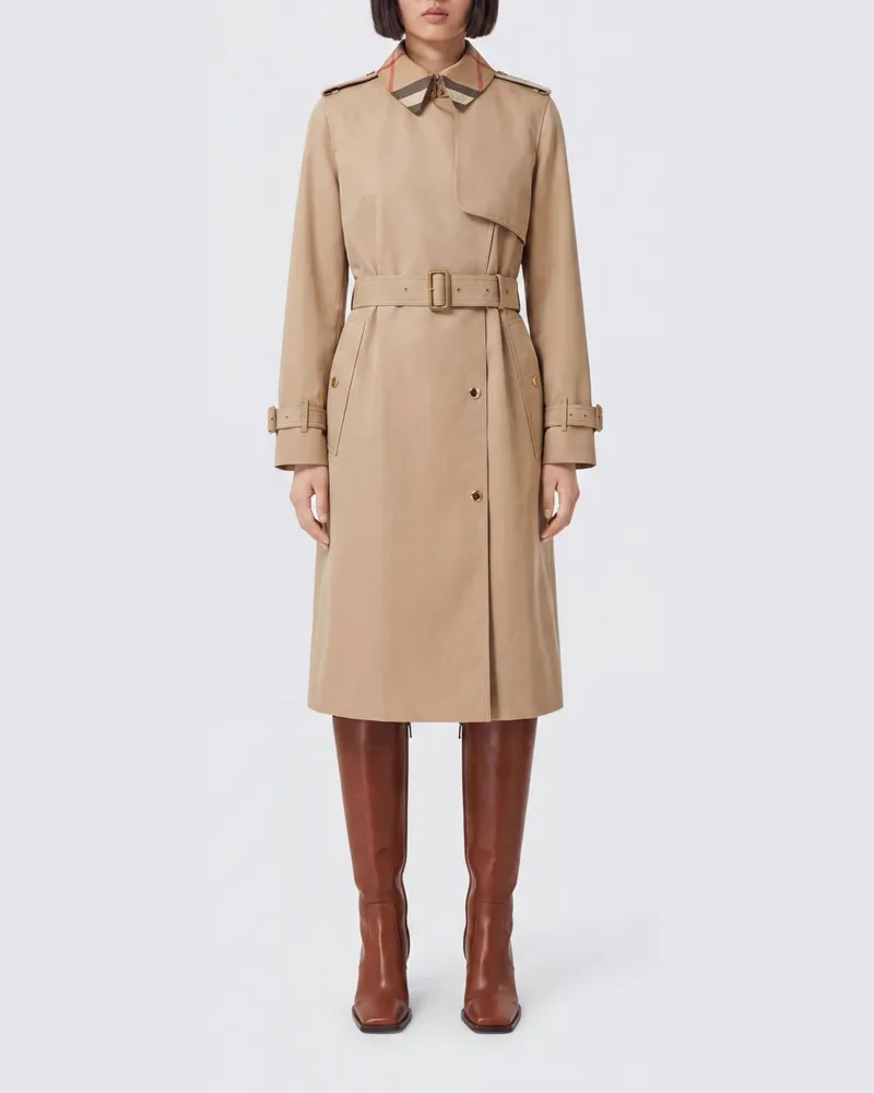Burberry Knielanger zweireihiger Trenchcoat aus Baumwolle mit Gürtel und Karokragen Beige