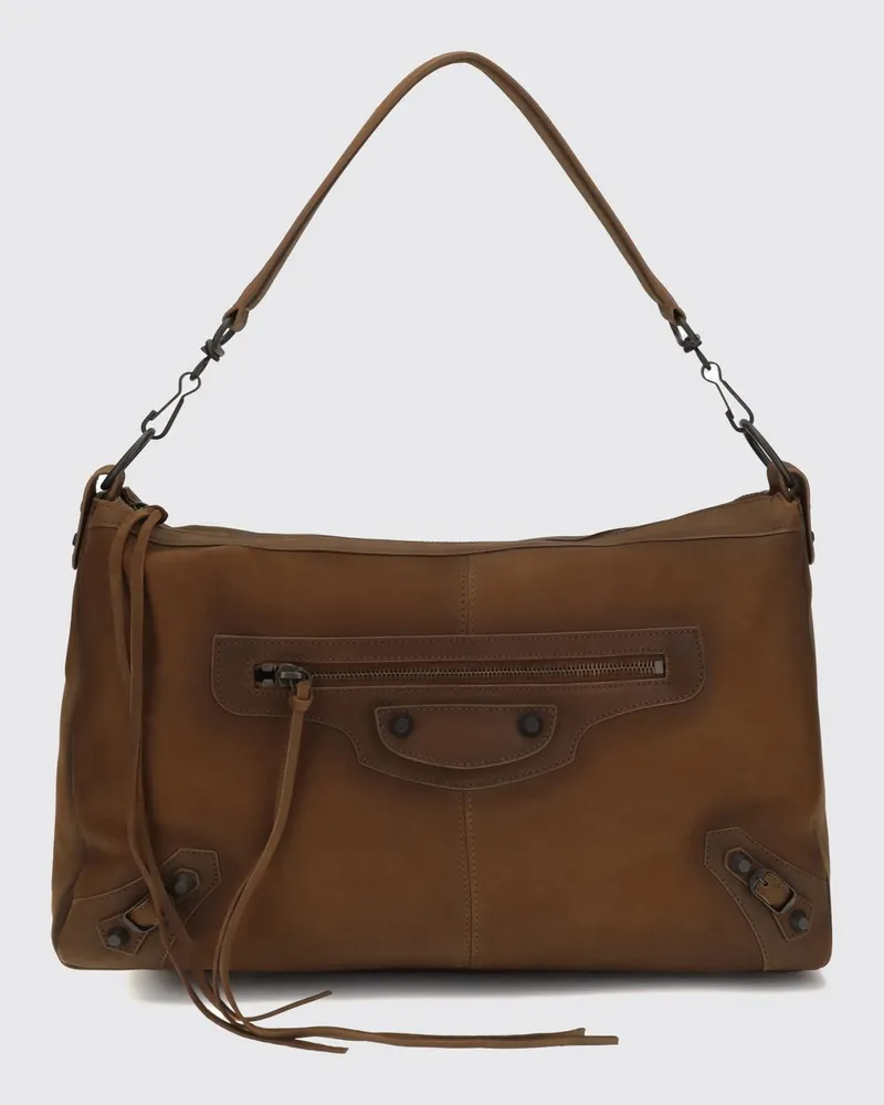 Balenciaga Le City Moto Schultertasche aus Schafsleder mit Nieten Braun