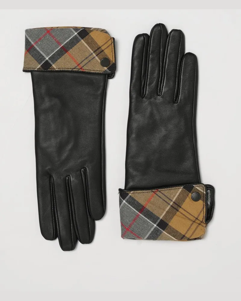 Barbour Schwarze Lederhandschuhe für Damen mit Umschlag und Knopfverschluss Schwarz