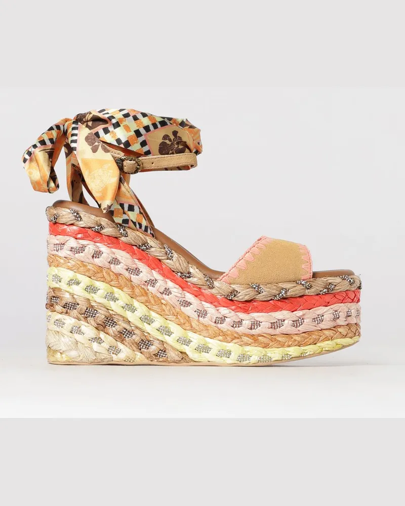 Kurt Geiger Chelsea Keilsandale aus Wildleder und bedrucktem Satin Mustard