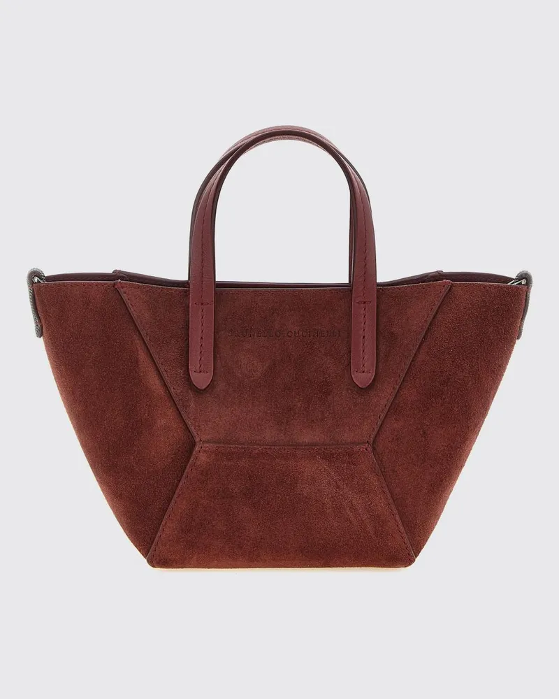 Brunello Cucinelli Kleine Handtasche aus Veloursleder mit Monili-Verzierung Burgunderrot