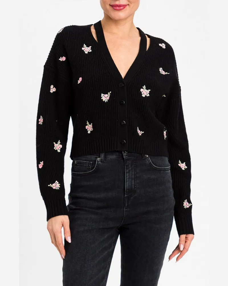 Twin-Set V-Ausschnitt Cardigan aus Wollmischung mit Kristallverzierung Schwarz