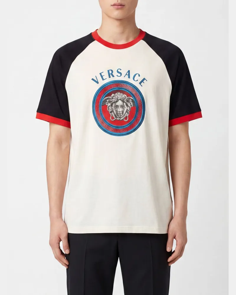 Versace T-Shirt aus Baumwolle mit Medusa-Logo und Kontrastprofilen Weiß