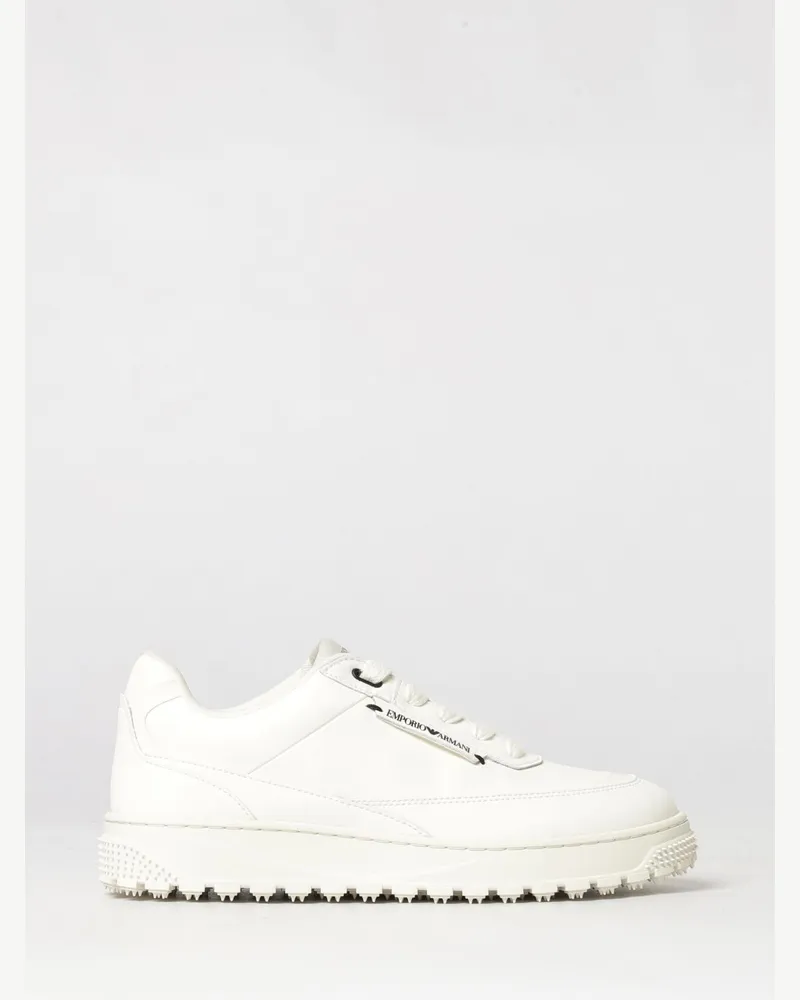 Emporio Armani Low-Top-Sneaker aus Kalbsleder mit appliziertem Logo und gezackter Sohle Weiß