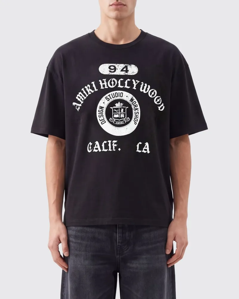 Amiri Schwarzes T-Shirt aus Baumwolle mit Kontrastlogo und überschnittenen Schultern Schwarz
