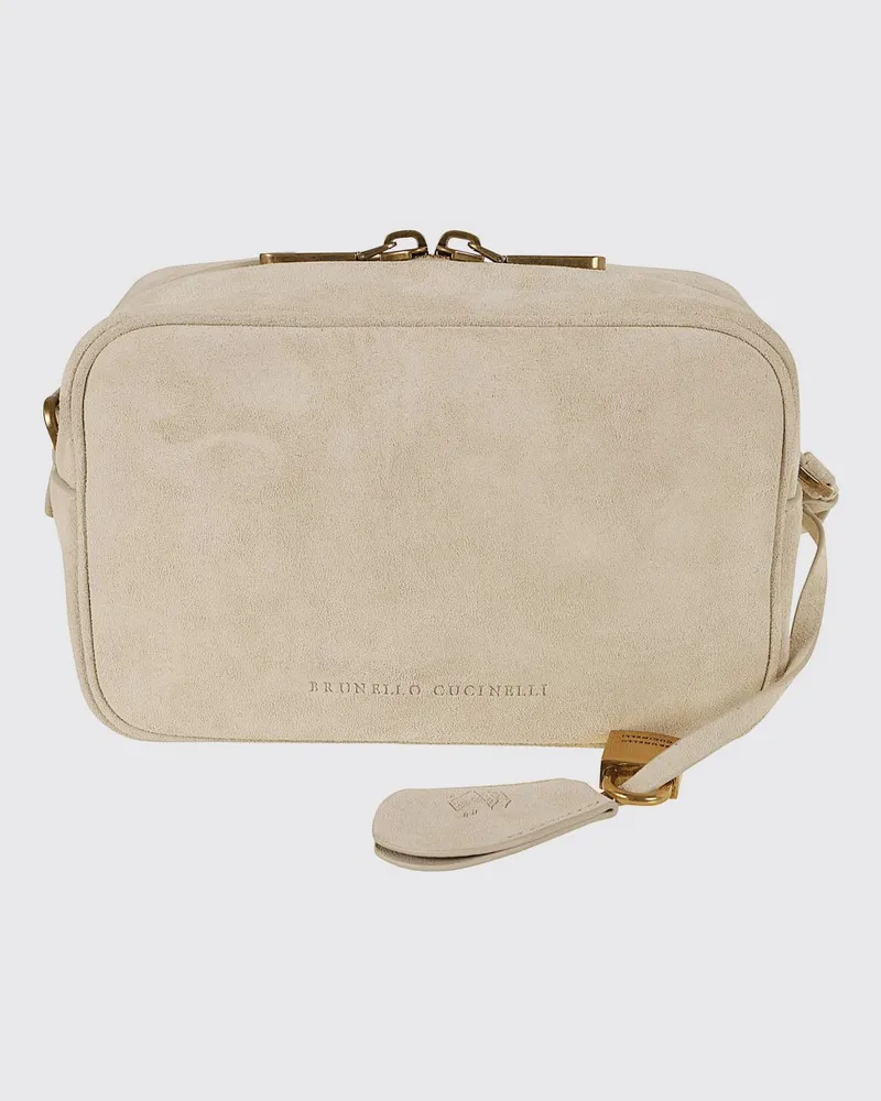 Brunello Cucinelli Wildleder-Kalbsleder-Umhängetasche mit geprägtem Logo Weiß