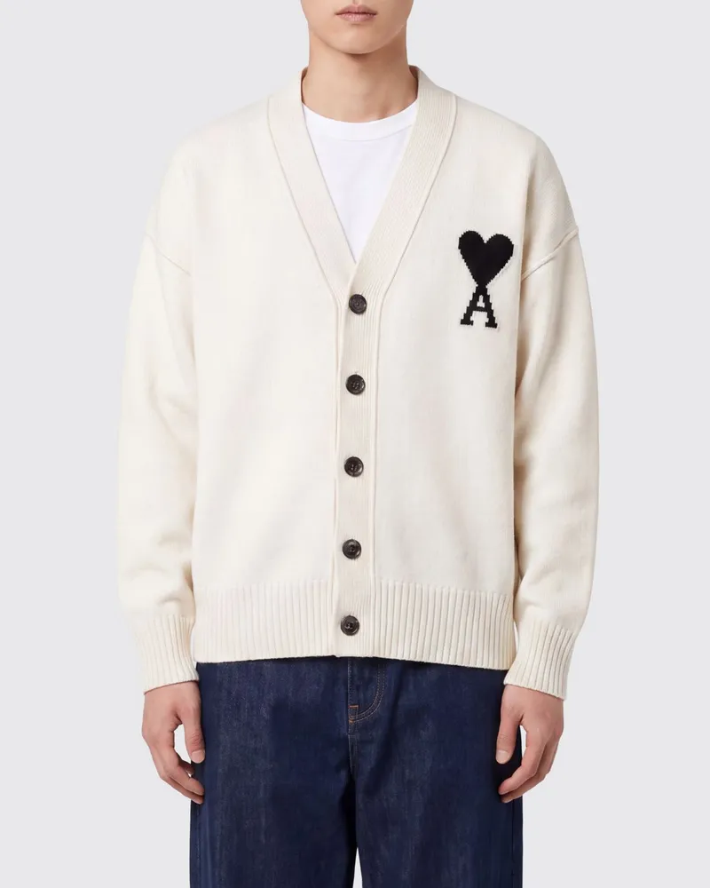 AMI Paris Woll-Cardigan von mit V-Ausschnitt und Logo Ecru