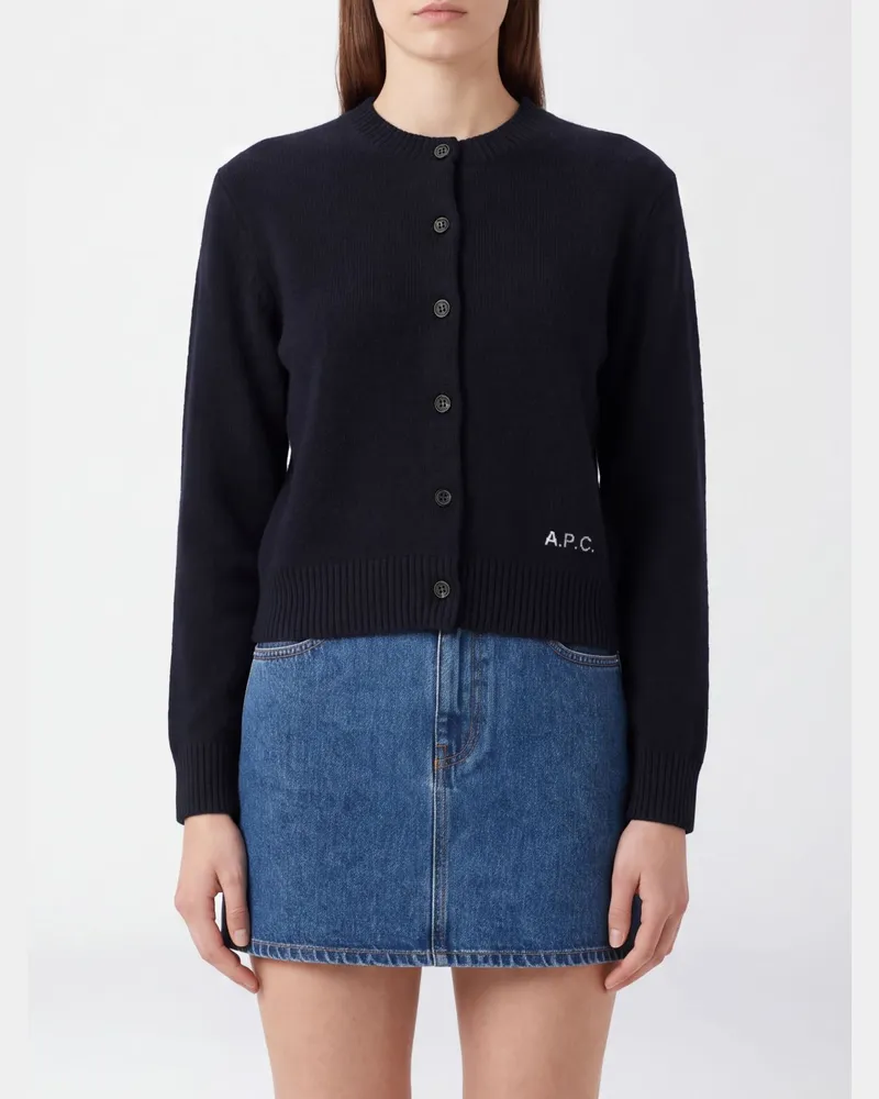 A.P.C. Rundhals-Cardigan aus reiner Wolle mit Kontrastlogo Blau