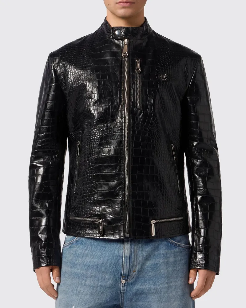Philipp Plein Bikerjacke aus Krokoprint-Leder Schwarz