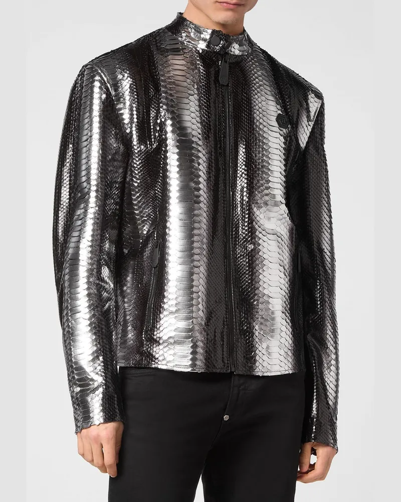 Philipp Plein Bikerjacke aus Leder mit Python-Print und Reißverschlusstaschen Silber