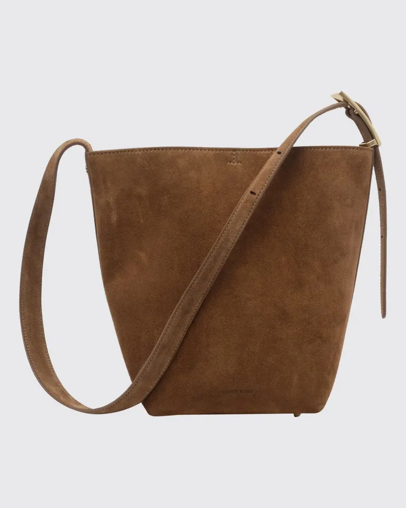 Anine Bing Elly Bucket Bag aus Kalbsveloursleder mit geprägtem Logo Braun