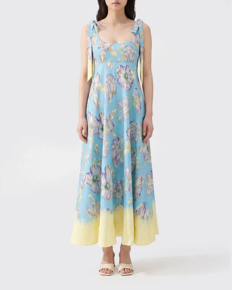 ALEMAIS Langes Leinenkleid von mit Blumenprint und Bindeträgern Bunt