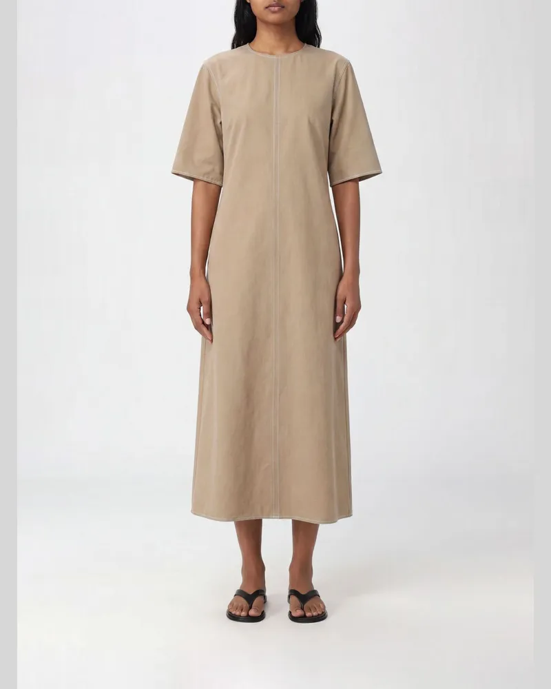 AMI Paris Kurzärmeliges Midi-Tunika-Kleid aus Baumwolle von mit Kontrastbesätzen Beige