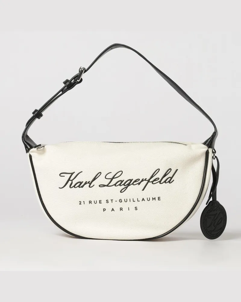 Karl Lagerfeld Schultertasche aus elfenbeinfarbenem Canvas mit gesticktem Logo und Charm Ivory