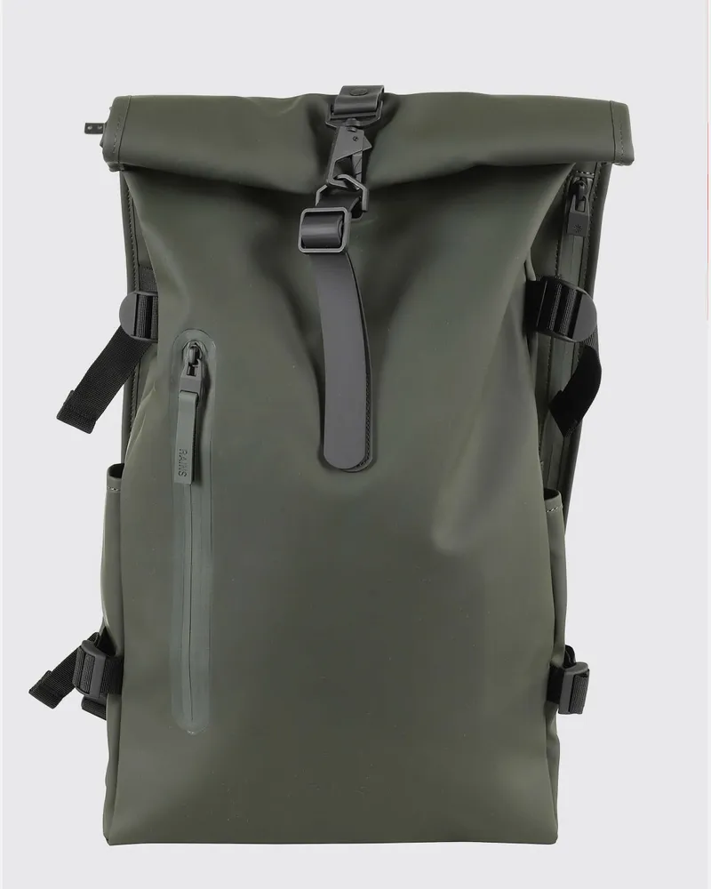 RAINS Wasserdichter Rolltop Rucksack mit Karabinerverschluss Grün