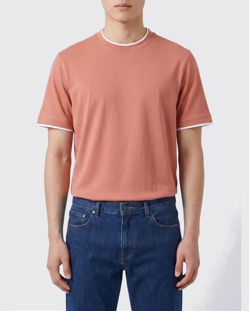 Brunello Cucinelli Baumwoll-Rundhals-T-Shirt mit Kontrasten Orange