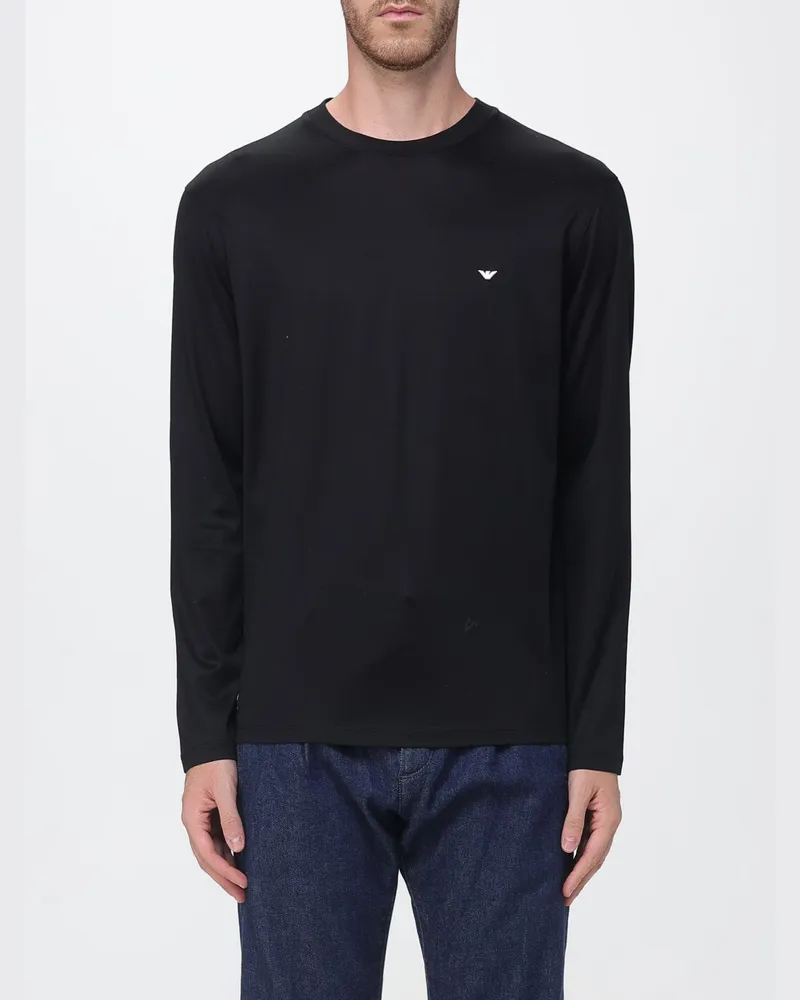 Emporio Armani Langärmeliges Baumwoll-T-Shirt mit Adler-Logo vorne Schwarz