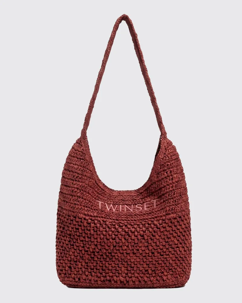 Twin-Set Umhängetasche aus gehäkelter Raffia mit geflochtenem Riemen und besticktem Logo Braun