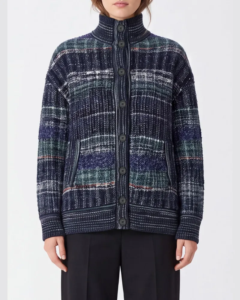 Missoni Gestreifter Cardigan aus Wollmischung mit Stehkragen und überschnittenen Schultern Blau