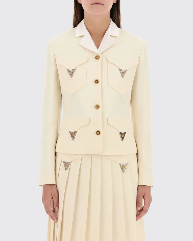Versace Kurze, schmal geschnittene Einreiher-Wolljacke von mit Medusa-Knöpfen Ivory