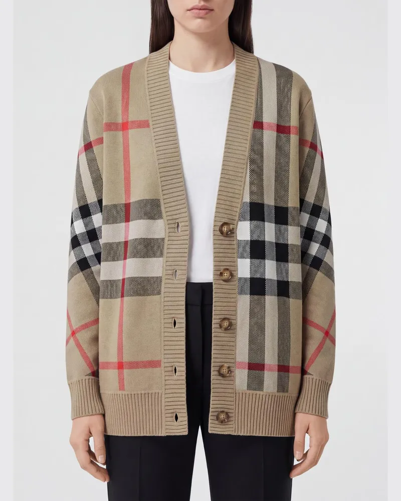 Burberry Strickjacke aus Merinowollmischung mit Vintage-Check-Muster und V-Ausschnitt Beige