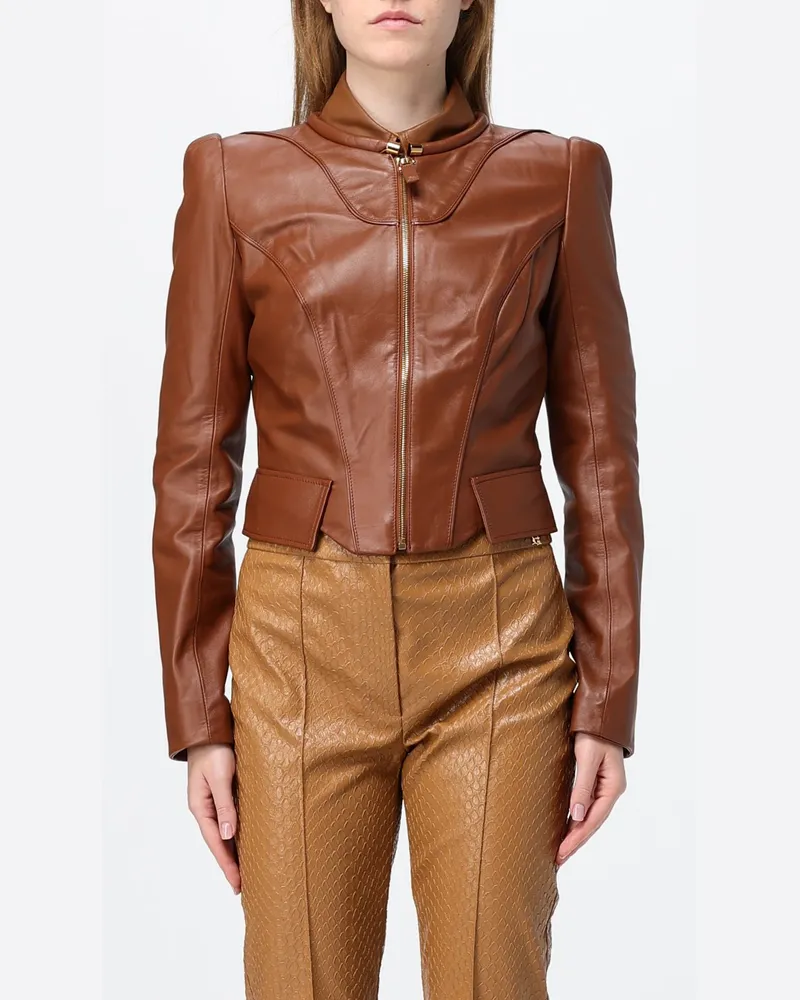 Elisabetta Franchi Slim Fit Bikerjacke aus Lammleder mit Reißverschluss Tabak