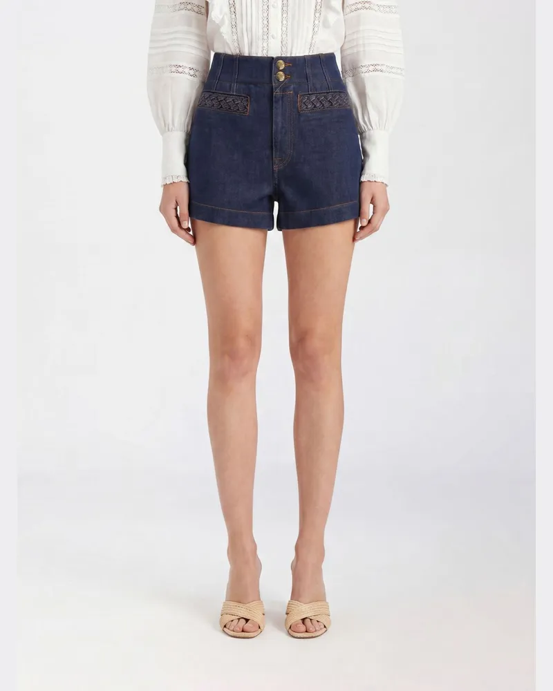 Zimmermann Slim Fit Baumwolldenim-Shorts mit hoher Taille Blau