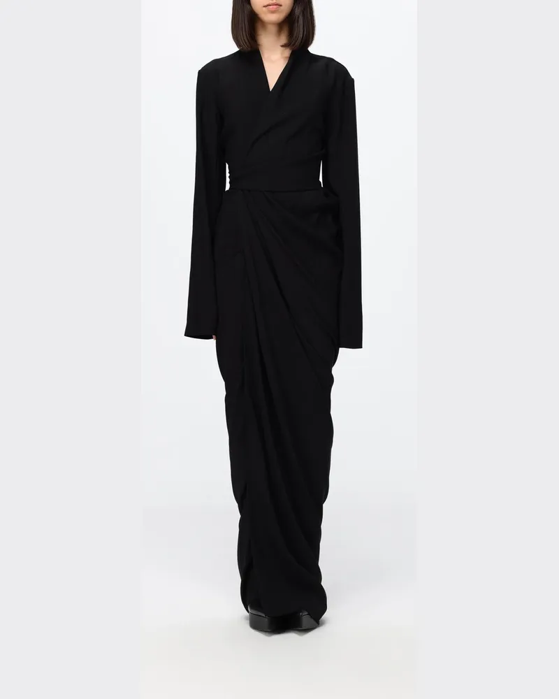 Rick Owens Asymmetrisches, drapiertes langes Abendkleid mit V-Ausschnitt Schwarz
