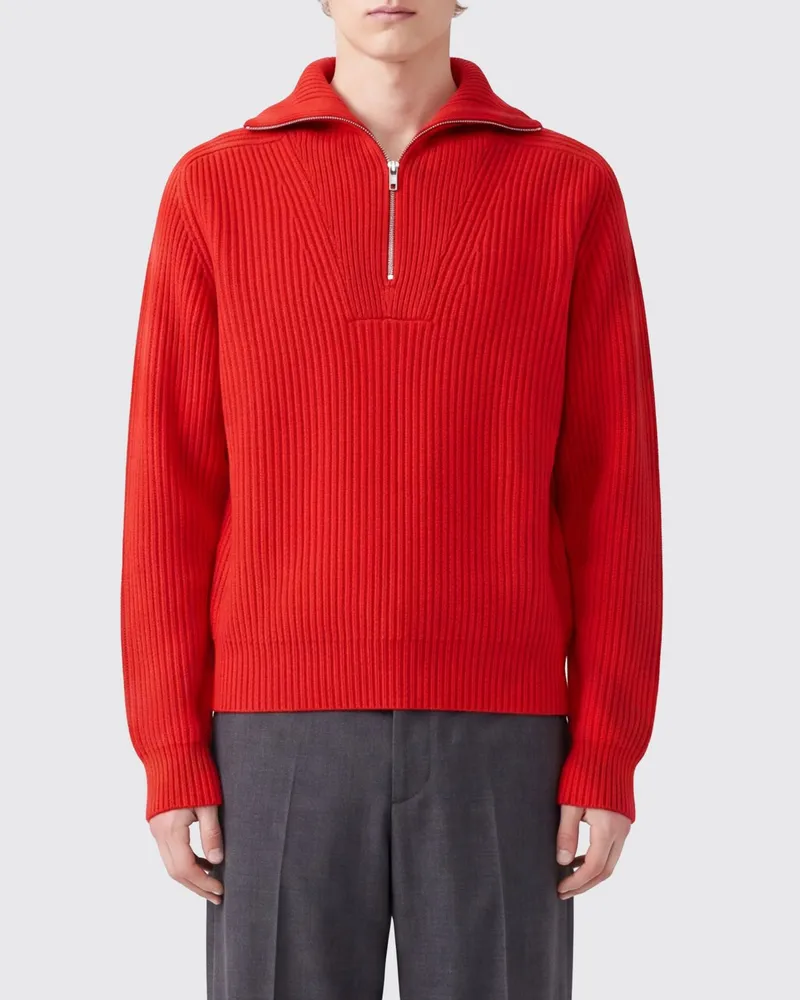 Jil Sander Pullover mit hohem Kragen und halbem Reißverschluss aus reiner Wolle Rot
