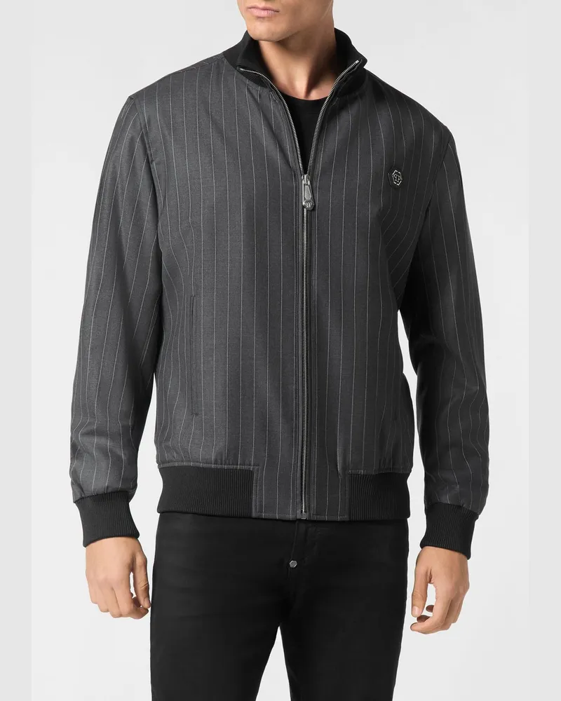 Philipp Plein Nadelstreifen-Varsity-Bomberjacke aus Schurwolle mit Hexagon-Logo Grau