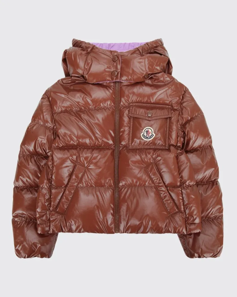 Moncler Kurze wasserabweisende Nylon-Daunenjacke von für Jungen mit Kapuze Braun