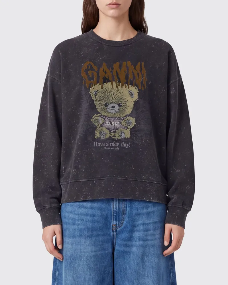 Ganni Sweatshirt aus Bio-Baumwolle mit Rundhalsausschnitt, Teddybär-Print und Logo Grau