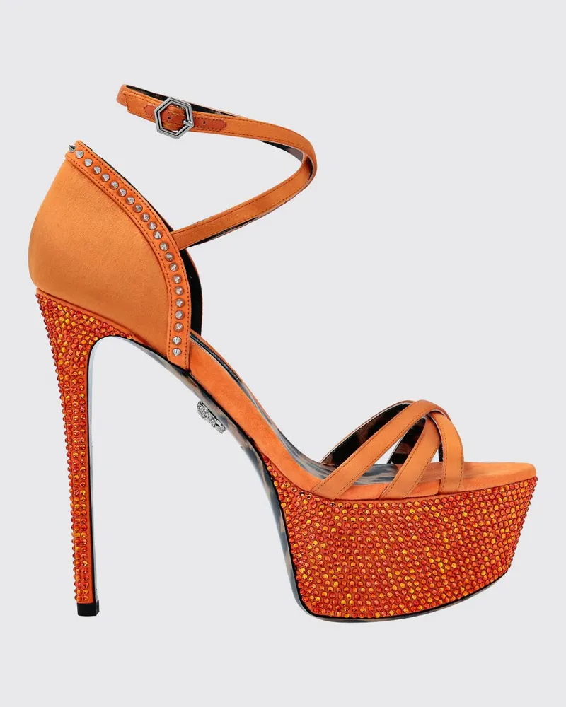 Philipp Plein Plateau-Sandalen aus Satin und Kristall mit Stiletto-Absatz Orange