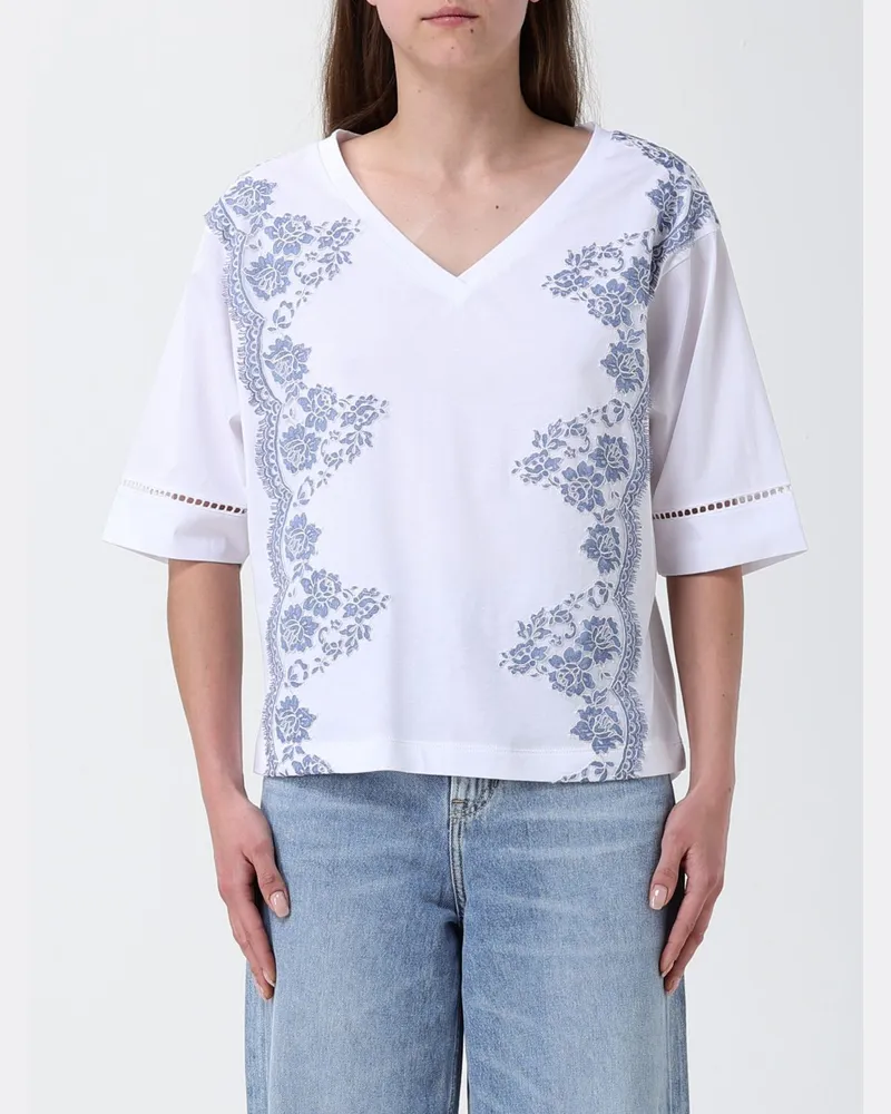 Ermanno Scervino Baumwollbluse mit Blumenstickerei und V-Ausschnitt Weiß