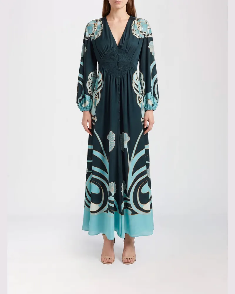 La DoubleJ Geblümtes Midi-Hemdblusenkleid aus Seide mit Ballonärmeln Grün