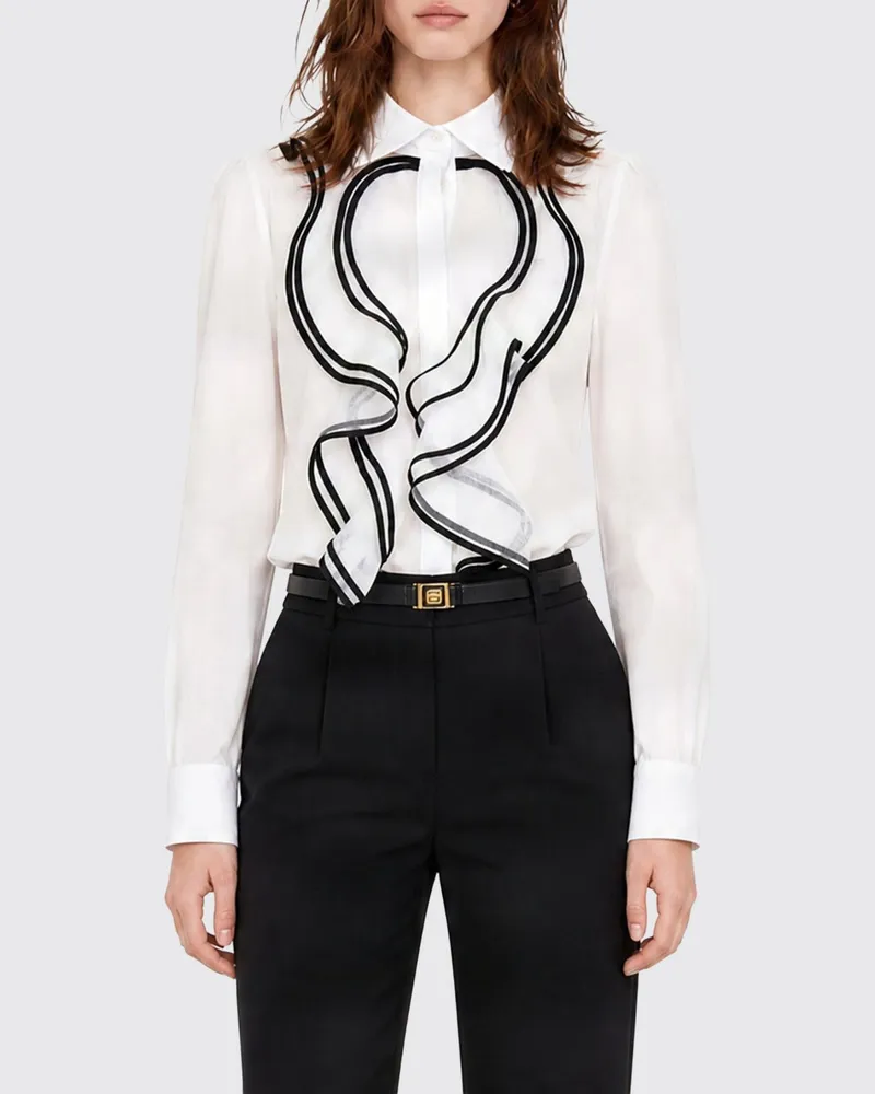 Elisabetta Franchi Viskose-Bluse mit Rüschen und französischem Kragen Ivory
