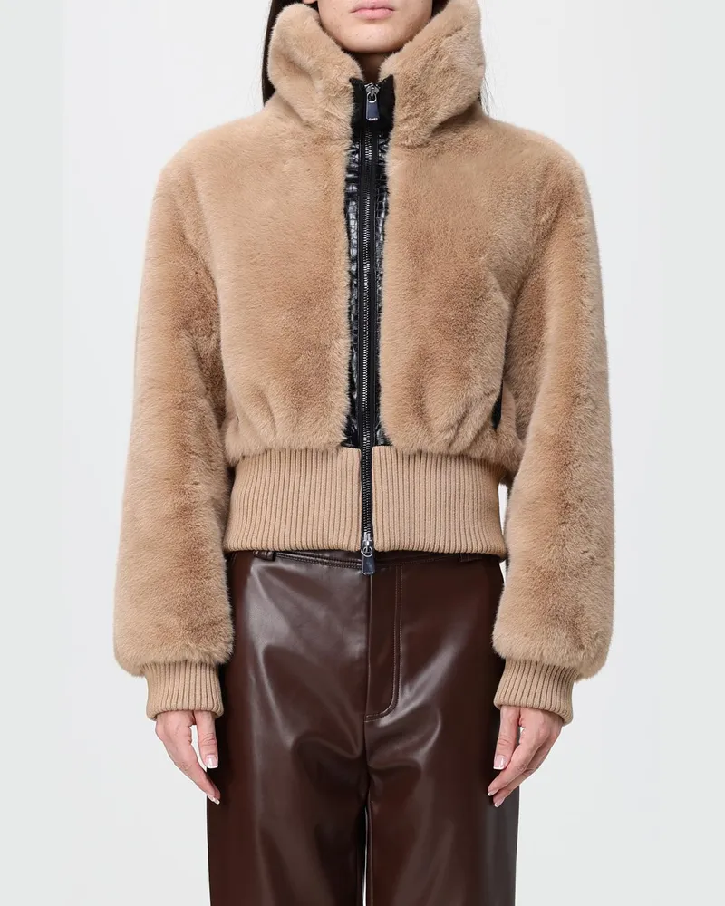 Pinko Hochgeschlossene Jacke aus Kunstpelz mit Reißverschluss und elastischen Bündchen Beige
