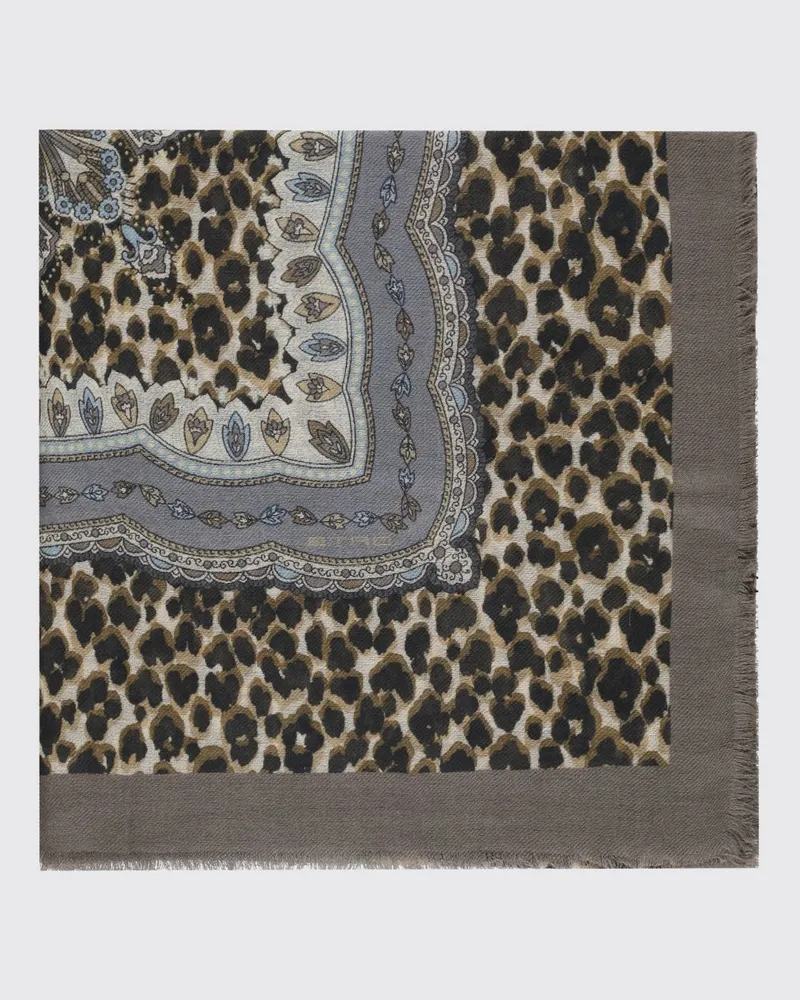 Etro Schal mit Animal-Print aus Wolle, Kaschmir und Seide mit Fransen Braun