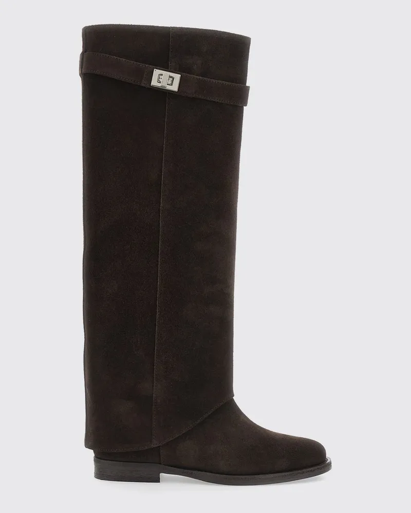 Via Roma 15 Kniehohe Keilstiefel aus Kalbsleder mit Riemendetails Dark