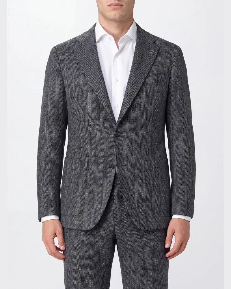 Tagliatore Einreiher-Blazer aus Wolle mit Chevron-Muster und aufgesetzten Taschen Schwarz
