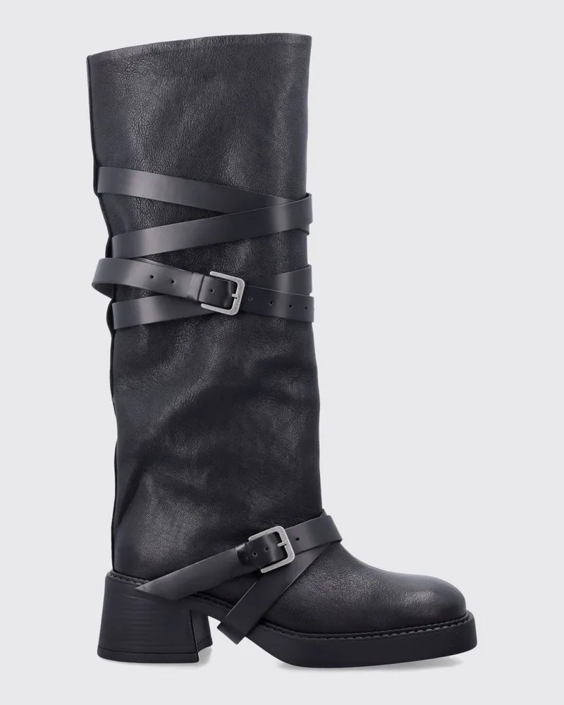 Miista Kniehohe Biker-Stiefel aus Rindsleder mit Riemen Schwarz